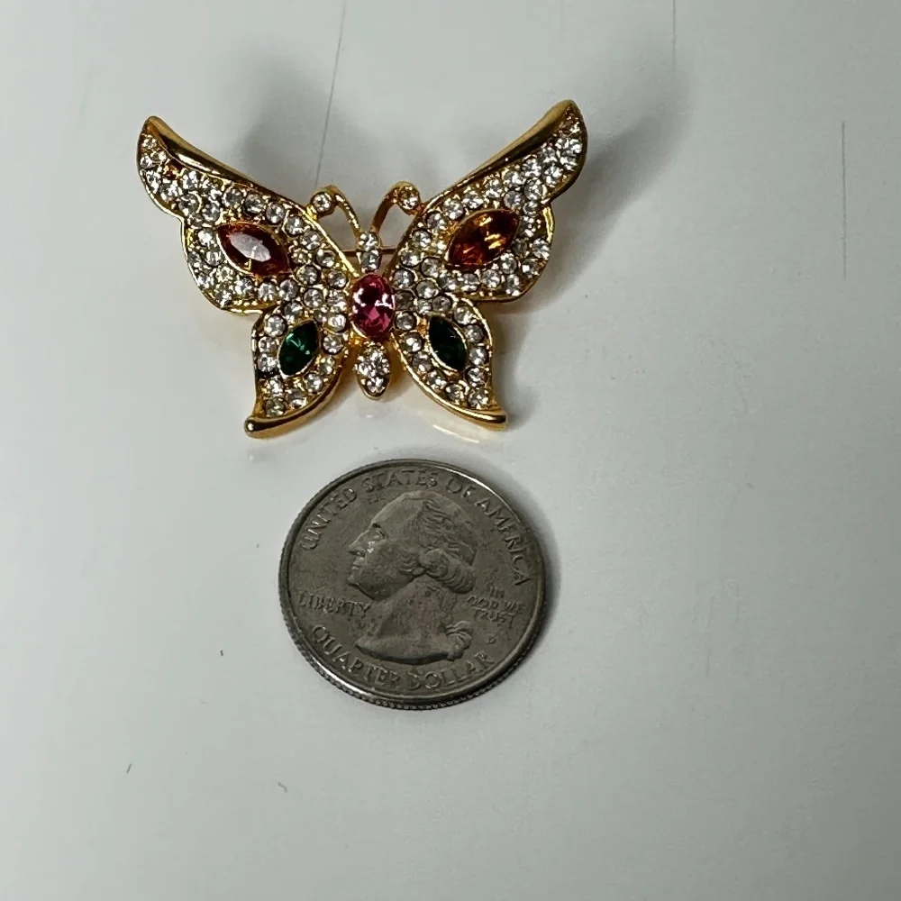 Butterfly‎ Brooch with colorful crystal and gold tone
